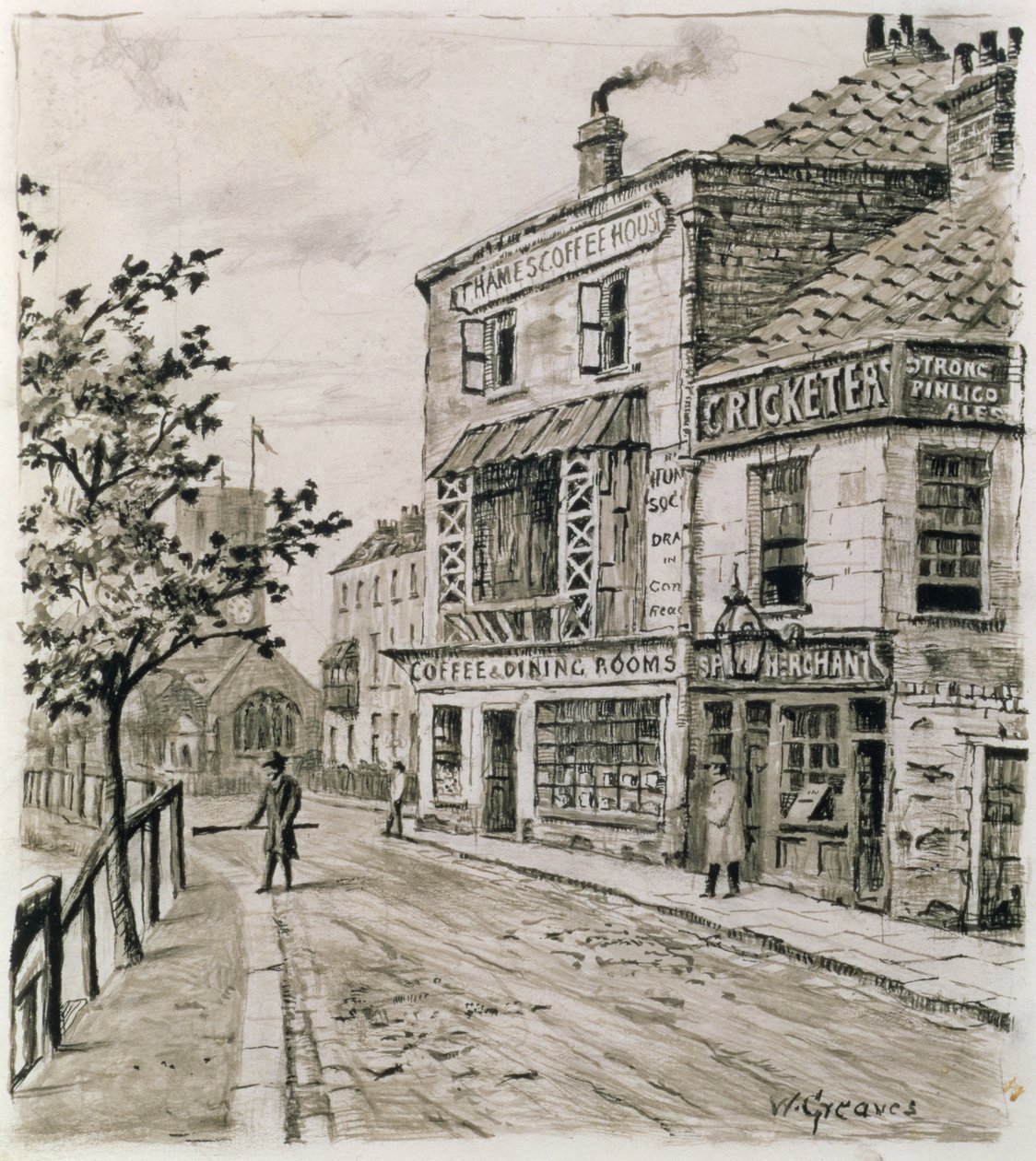 Kriketçiler ve Thames Kahve Evi, Chelsea (kağıt üzerine mürekkep) by Walter Greaves