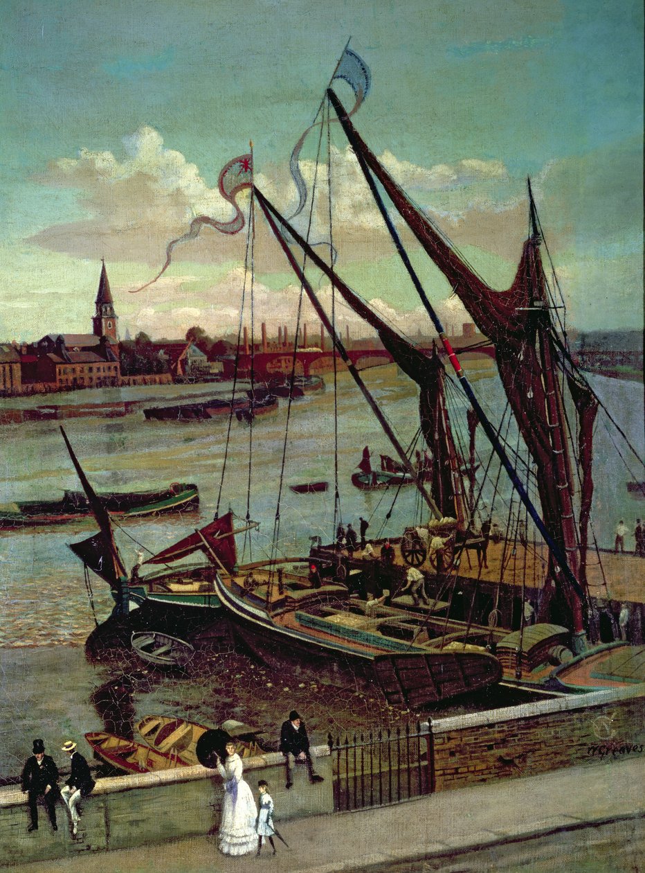 Mavnayı boşaltmak, Lindsay İskelesi ve Battersea Kilisesi, 1860 dolayları by Walter Greaves