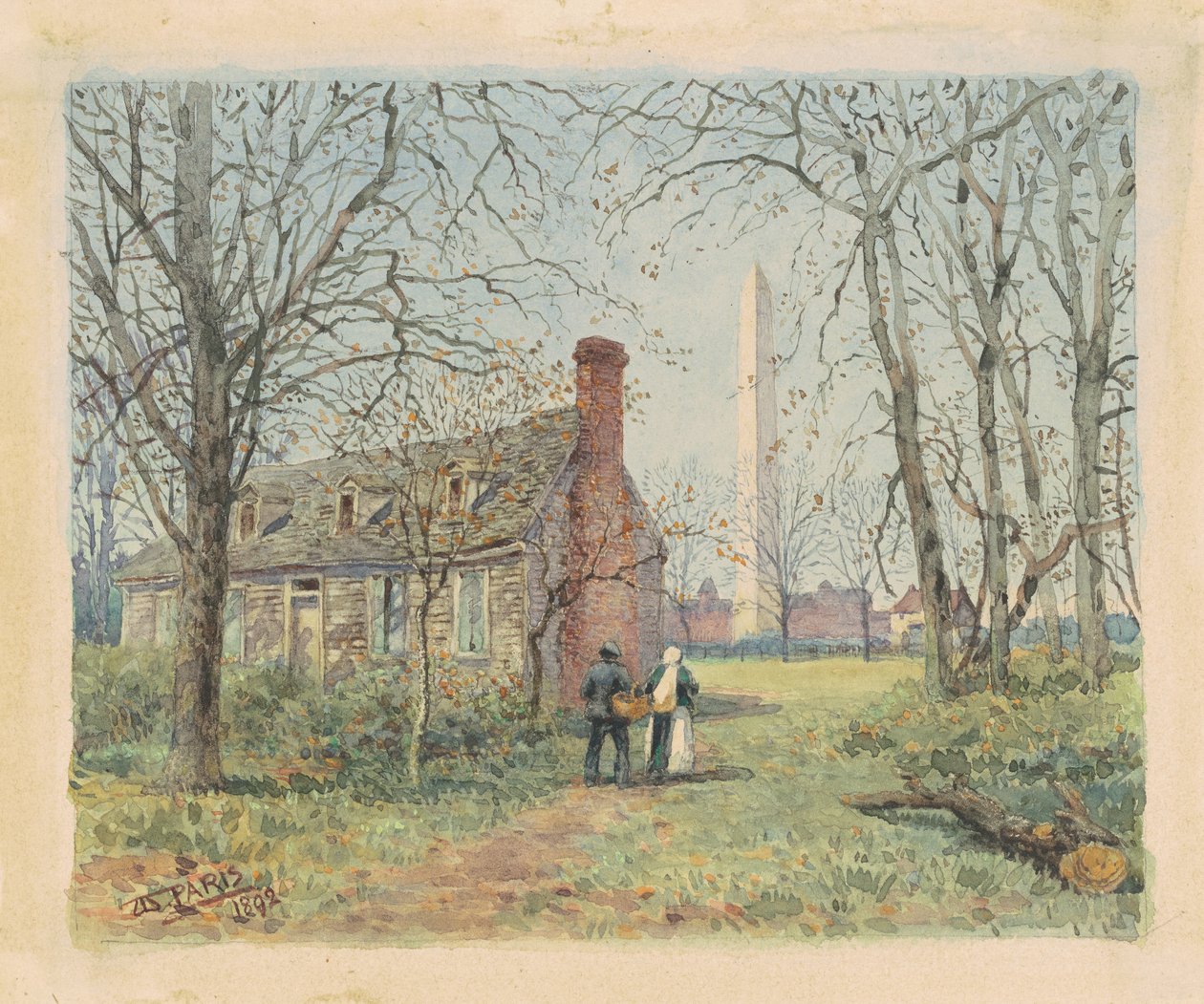 David Burnss Cottage ve Washington Anıtı, Washington D.C., 1892 (dokuma kağıt üzerine suluboya ve grafit) by Walter Paris