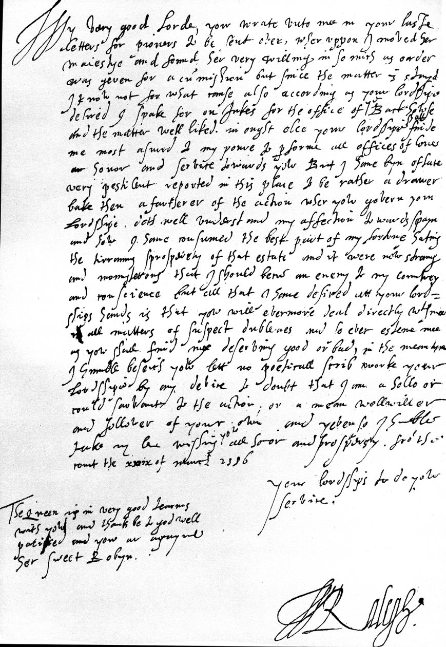 Hollanda Valisi Leicester Kontu Robert Dudley'e, İngiltere'den öncülerin gönderilmesi talebiyle ilgili olarak, Dudley'nin Raleigh'in İspanya'ya fazla dostça davrandığı yönündeki suçlamasını reddeden mektup by Walter Raleigh