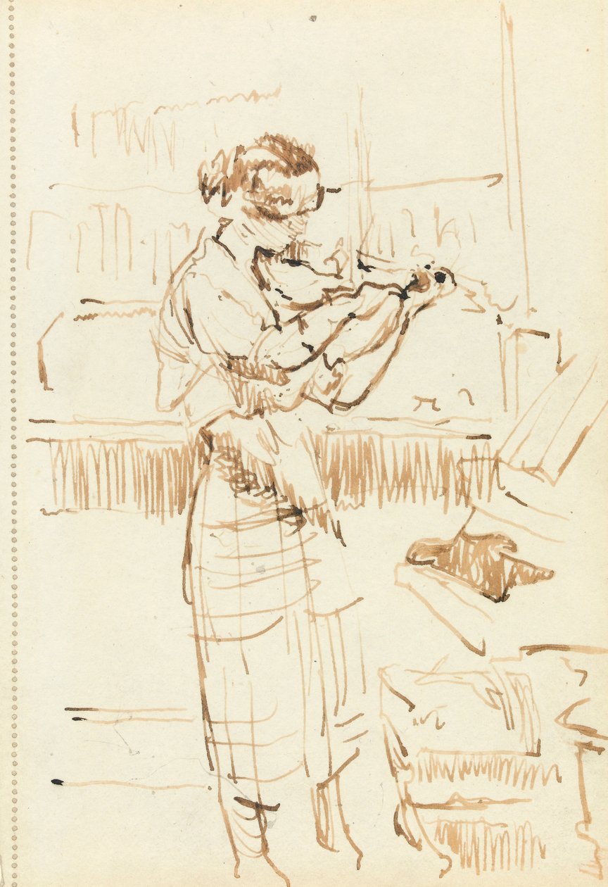 Bir keman çalan kız (kağıt üzerinde kalem ve kahverengi mürekkep) by Walter Richard Sickert