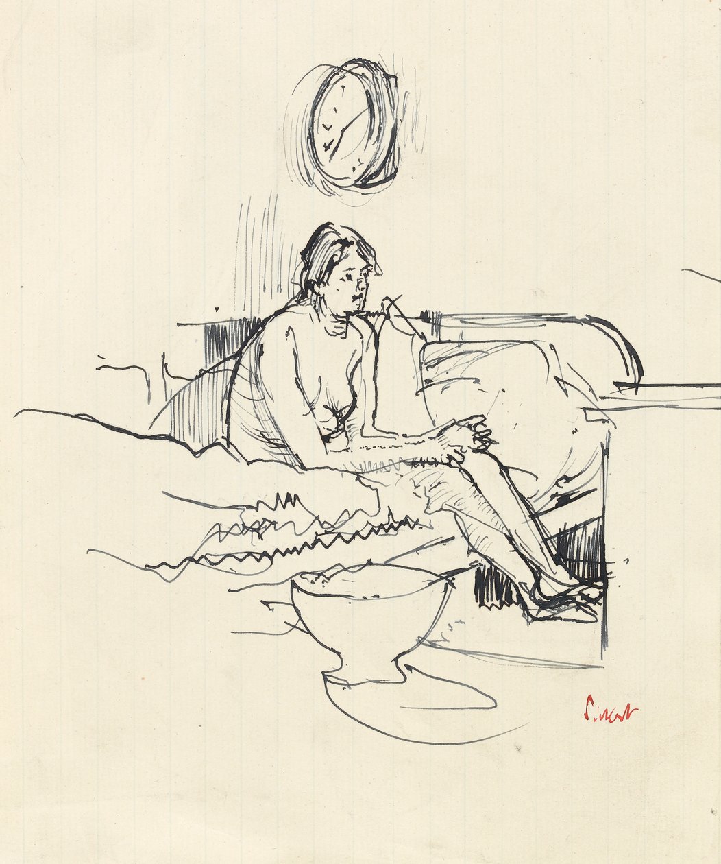 Bir yatakta oturan kız (kalem ve kağıt üzerinde mavi mürekkep) by Walter Richard Sickert