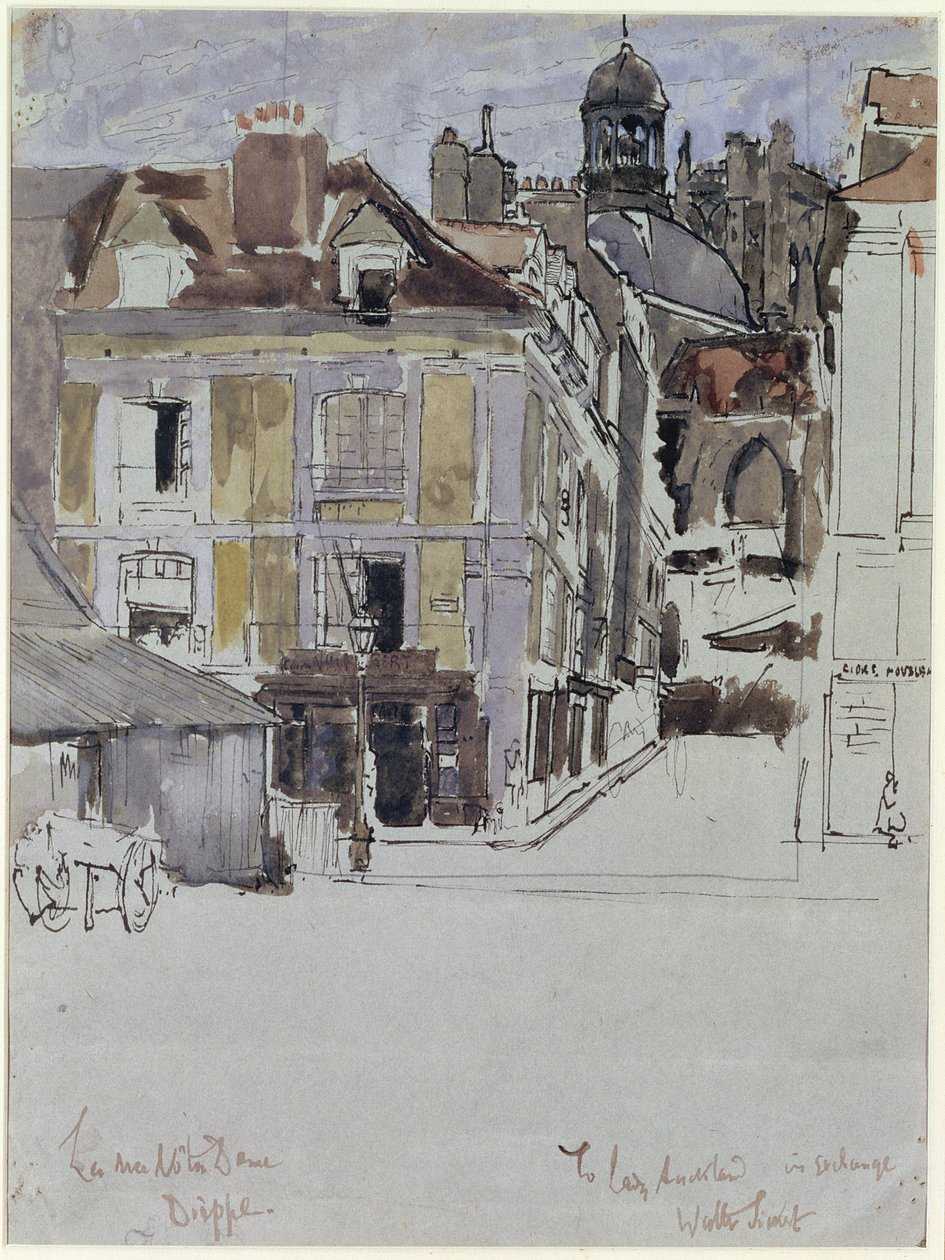 La Rue Notre Dame, Dieppe, Ön Planda Quai Duquesne ile, c.1899 (kağıt üzerinde kalem ve mürekkep üzerinde wc) by Walter Richard Sickert