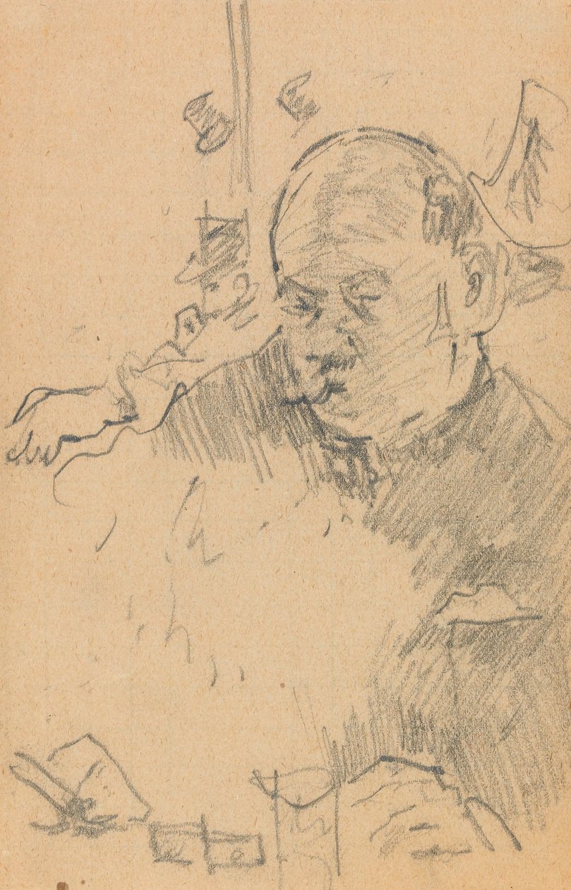 Bıyıklı adam oturmuş, şapkalı diğer iki adamla bir barda içiyor (kağıt üzerinde grafit) by Walter Richard Sickert