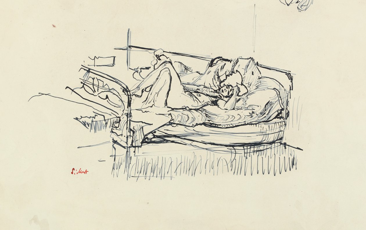 Yatakta yatarken çıplak (kalem ve kağıt üzerinde mavi mürekkep) by Walter Richard Sickert