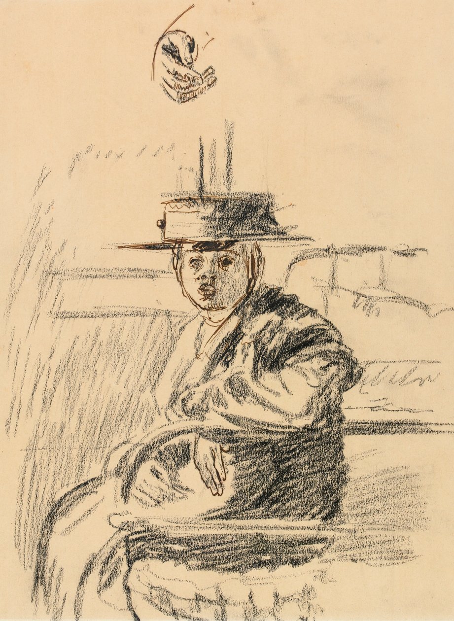 Oturan ve saman kayıkçısı olan kadın (kağıt üzerinde kalem ve kahverengi mürekkeple karakalem) by Walter Richard Sickert
