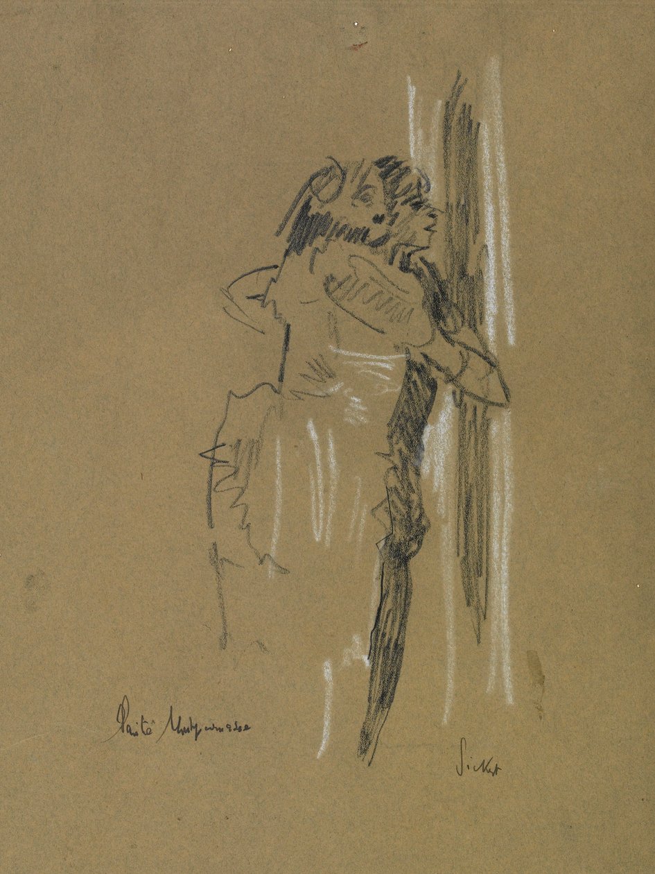 Ayakta duran iki figür, c.1907 (solmuş mavi kağıt üzerine siyah ve beyaz tebeşir) by Walter Richard Sickert