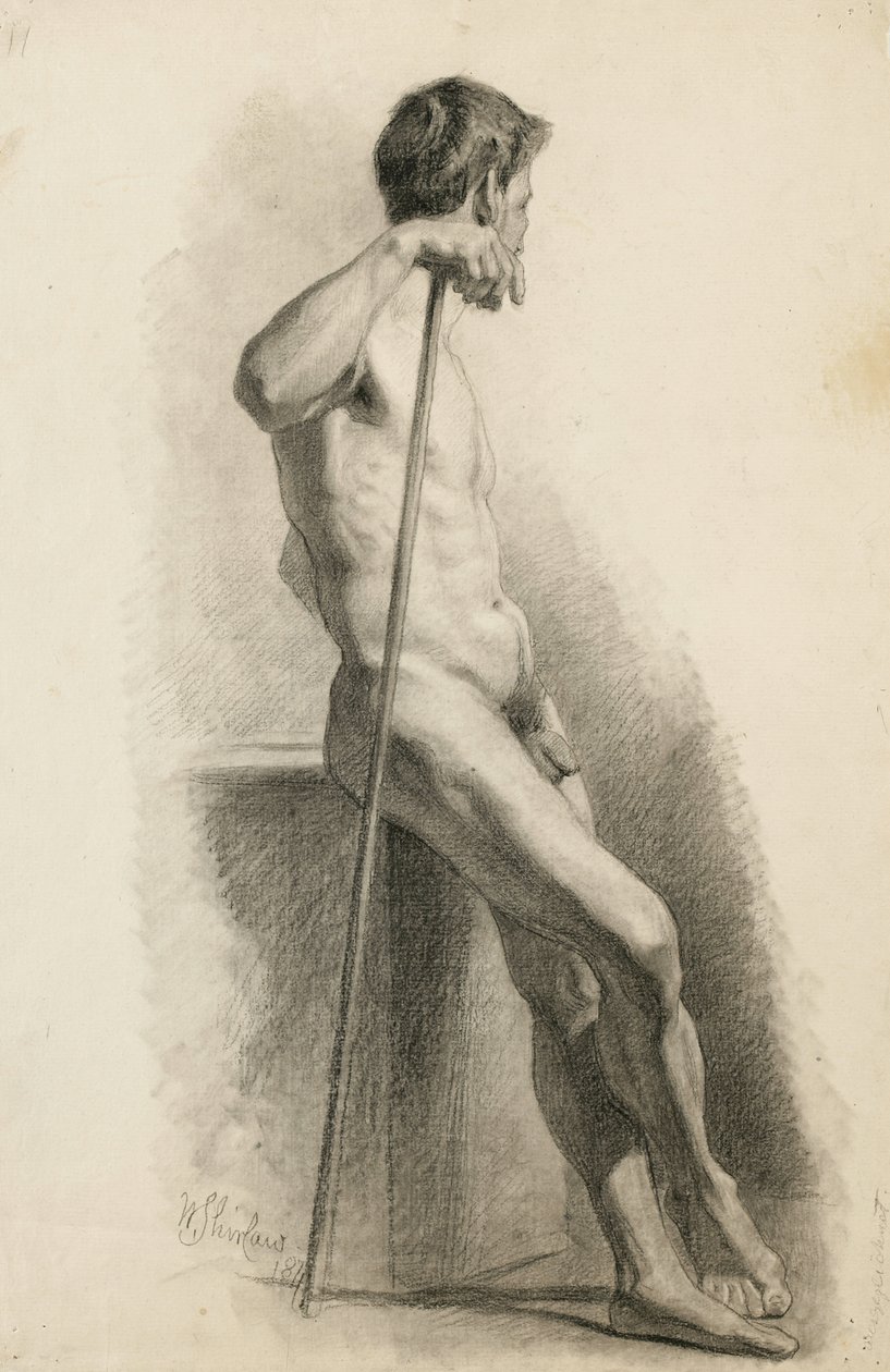 Asa ile çıplak erkek çalışması, yandan görünüm, 1871 (devetüyü serilmiş kağıt üzerinde karakalem) by Walter Shirlaw