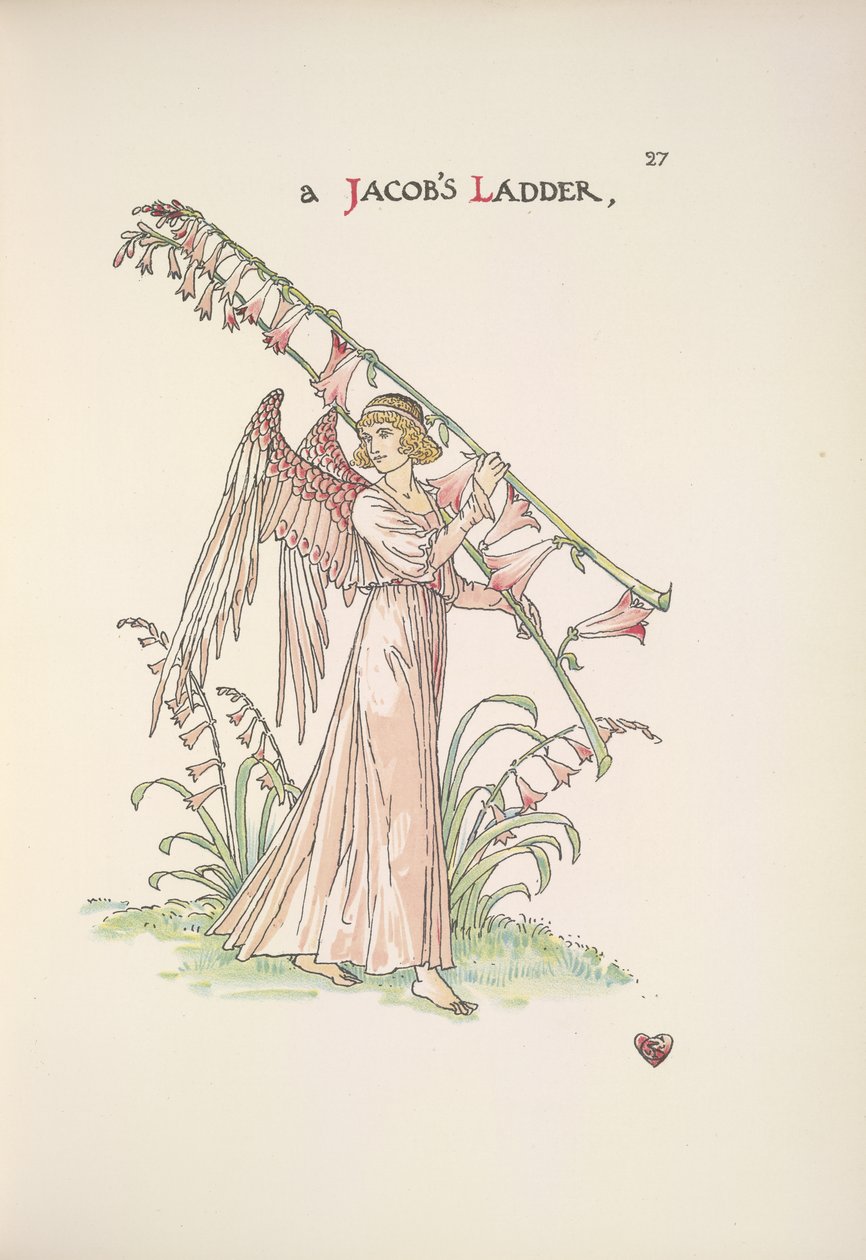 Yakup'un merdiveni. Bitkilerden yapılmış bir merdiven tutan bir melek by Walter Crane