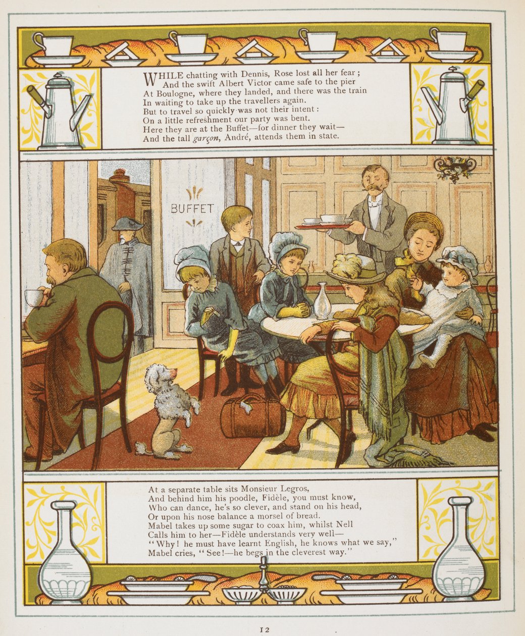 Büfede içecekler olan bir aile. 'Yurtdışından' Renkli İllüstrasyon. by Walter Crane