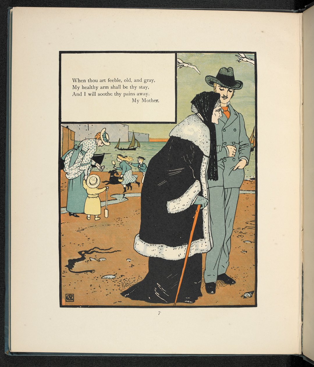 Sahilde annesiyle birlikte bir adam. by Walter Crane