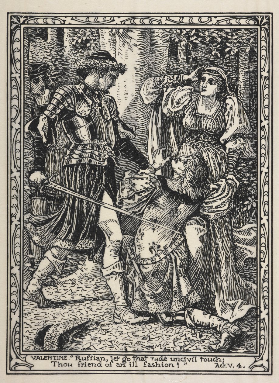 Two Gentlemen of Verona filminden bir sahne. Silvia haykırdığında, Valentine öfkeyle çalıların arasından fırlar ve ihaneti için Proteus'a lanet okur. by Walter Crane