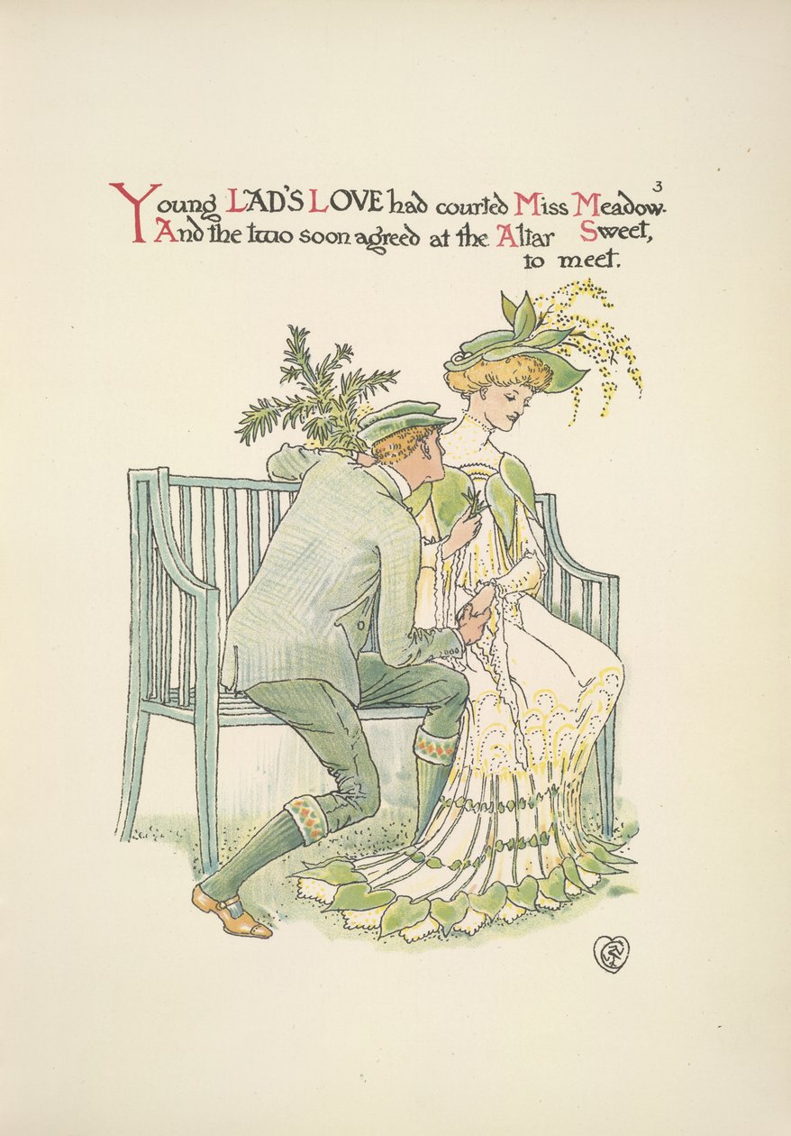 Genç bir adam genç bir kadına kur yapıyor, Bayan Meadow by Walter Crane