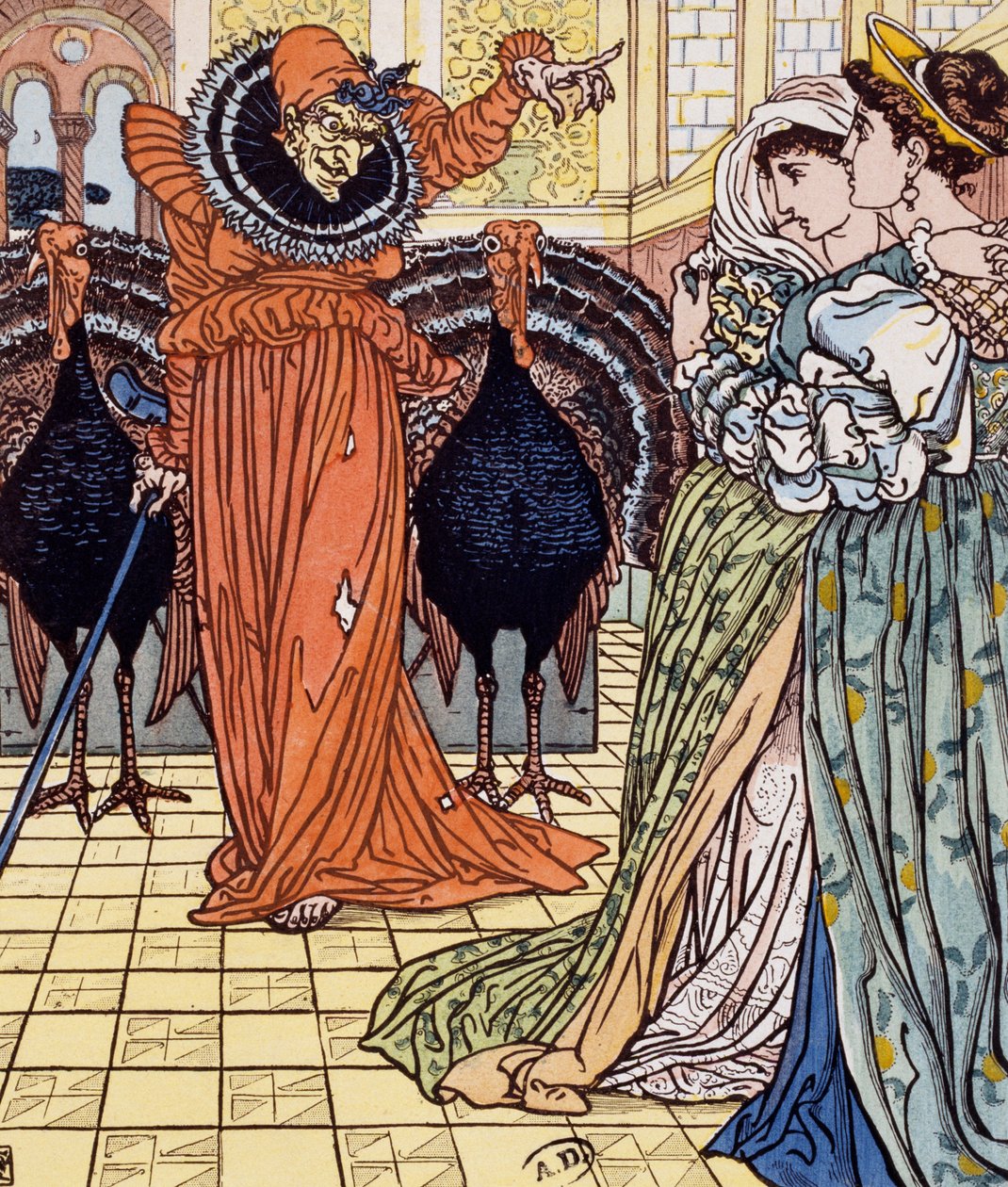 İki tavus kuşunun eşlik ettiği cadı hayaleti, Walter Crane'in (1845-1915) çiziminden gravür by Walter Crane