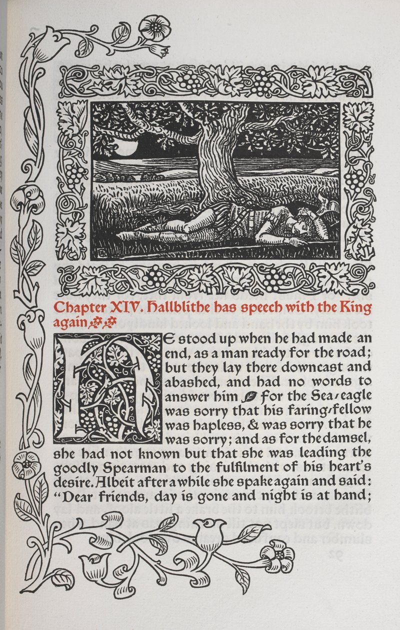 Bölüm XIV. Hallblithe, Kral ile tekrar konuşacak. Bir ağacın altında uyuyan bir adam figürü. by Walter Crane
