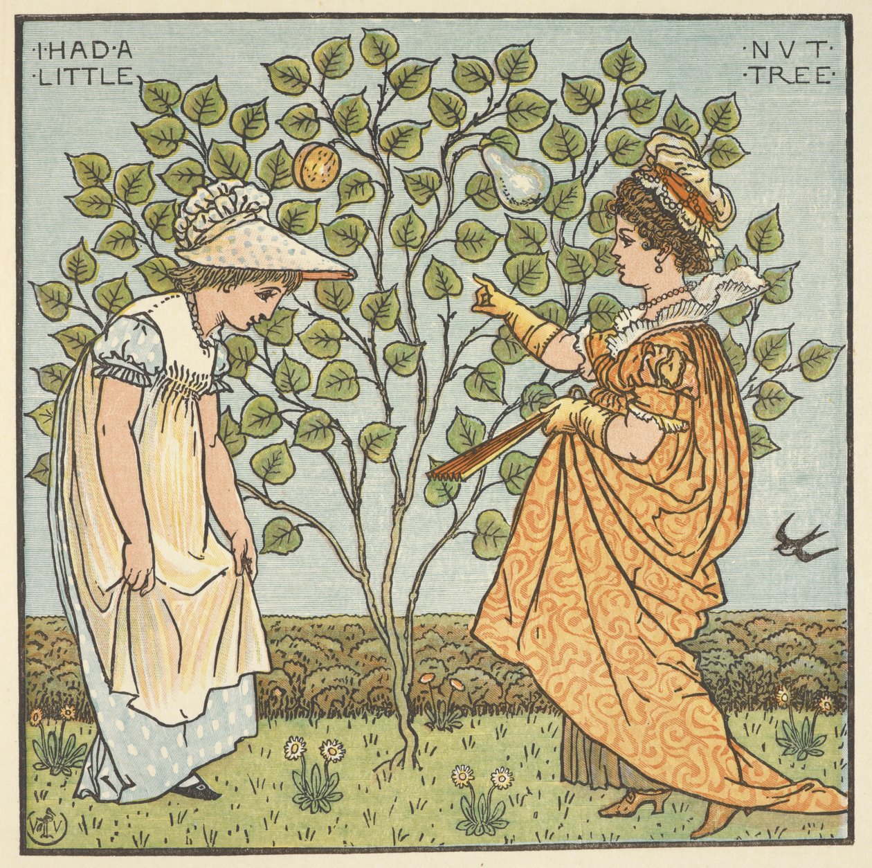 'Küçük bir ceviz ağacım vardı' için renkli illüstrasyon. Genç bir kız ve bir İspanya Kraliçesi. by Walter Crane