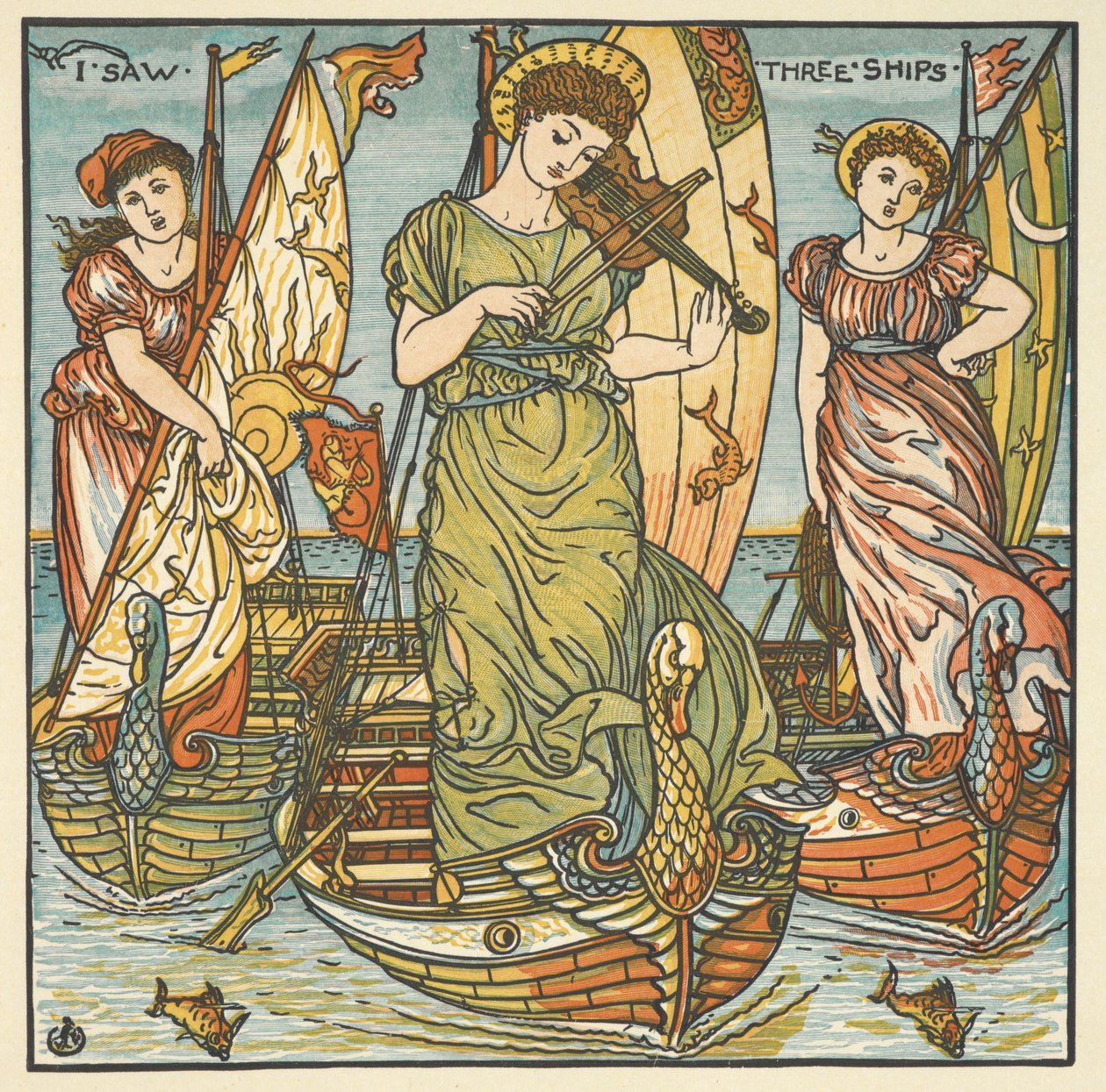 'Üç gemi gördüm' için renkli illüstrasyon. Gemilerde duran biri keman çalan üç kadın. by Walter Crane