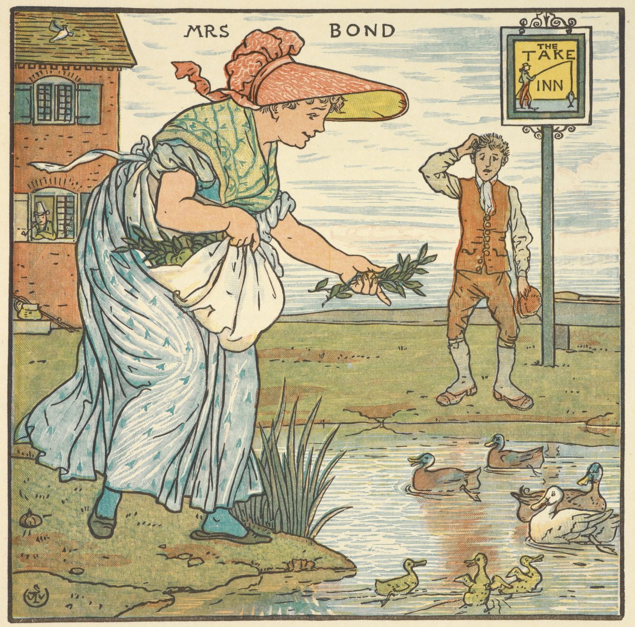 'Bayan Bond' için renkli illüstrasyon. Bir hanın önünde ördek besleyen bir kadın. by Walter Crane