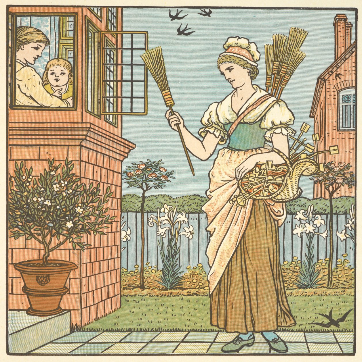 'Bir süpürge satın al' için renkli illüstrasyon. Süpürge satan genç bir kadın. by Walter Crane