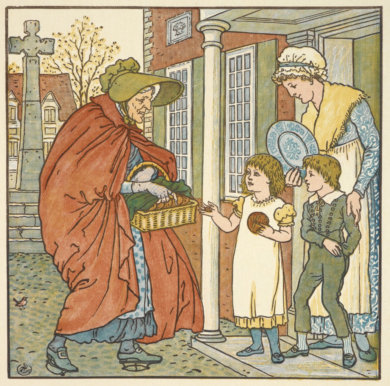 'Sıcak çapraz çörekler' için renkli illüstrasyon. İki çocuğa sıcak çapraz çörek veren yaşlı bir kadın. by Walter Crane