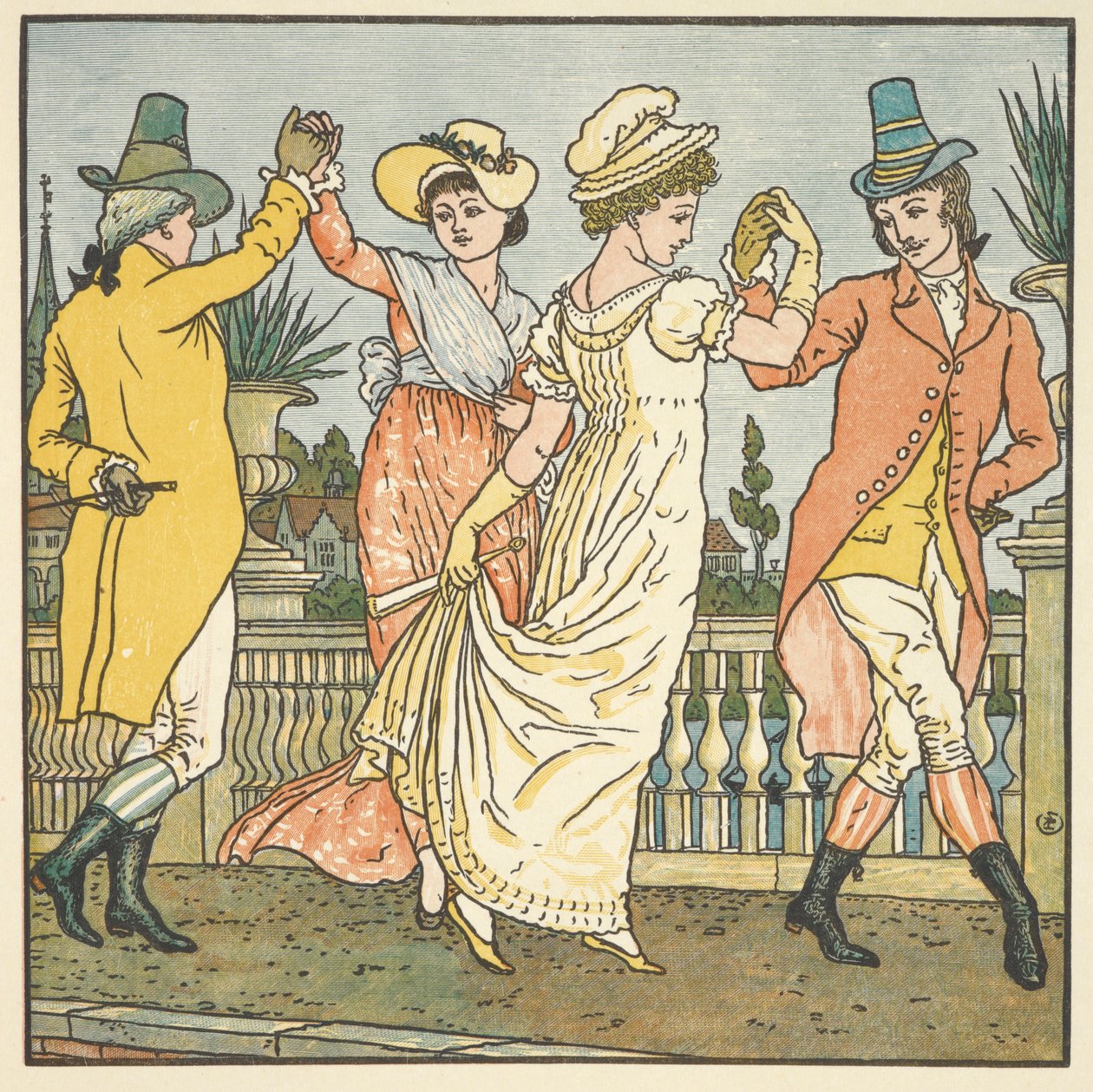 'Avignon köprüsünde' için renkli illüstrasyon. Dans eden iki çift. by Walter Crane