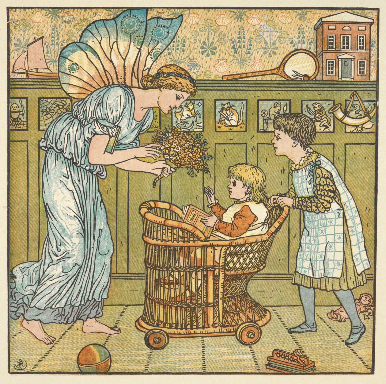 Bir tekerleme olan 'bebeğin buketi' için renkli illüstrasyon. Bir çocuğa çiçek veren bir peri. by Walter Crane