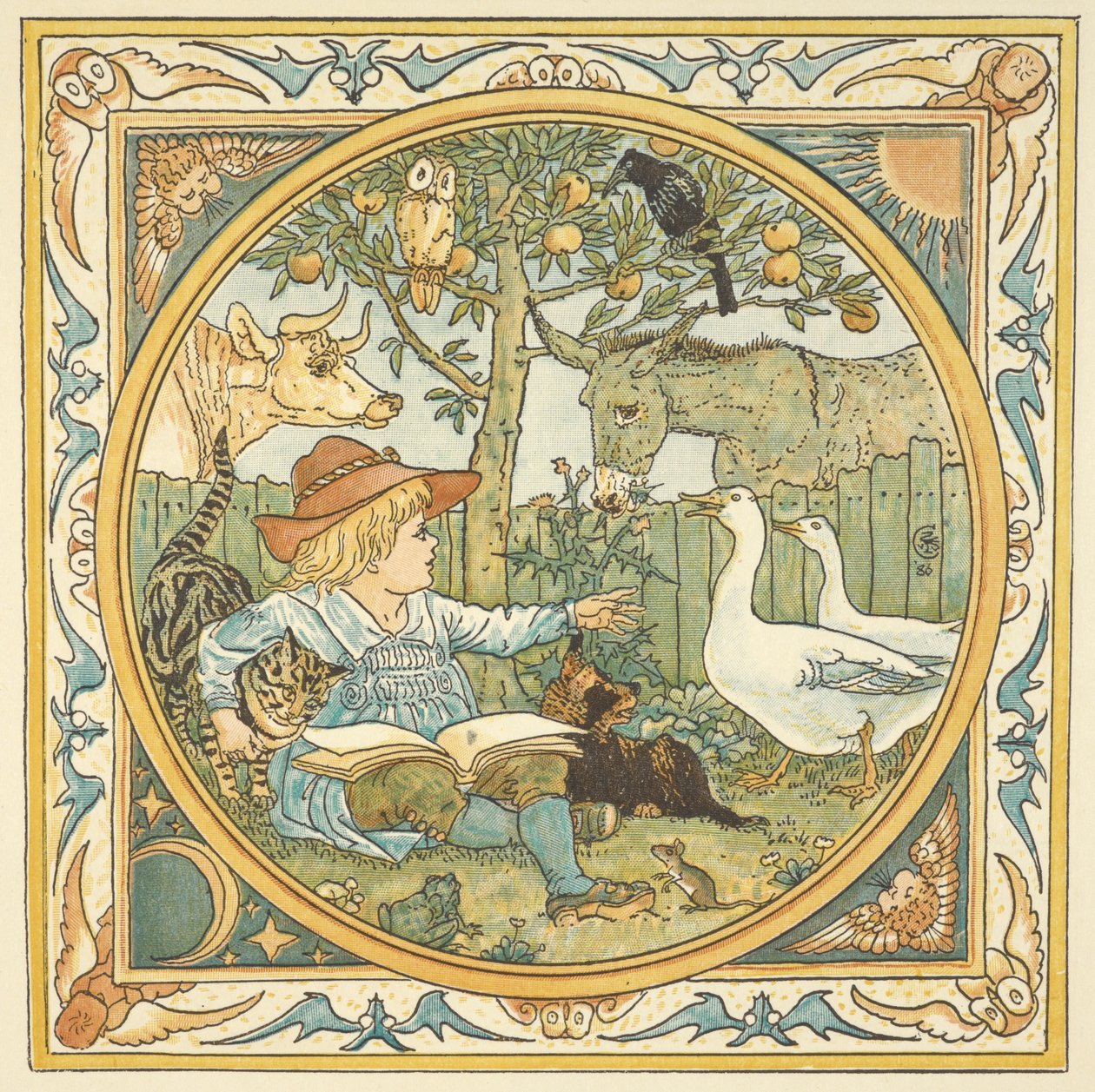 'Bebeğin kendi ezopu' için renkli illüstrasyon. Hayvanlarla çevrili bir bahçede bir çocuk. by Walter Crane