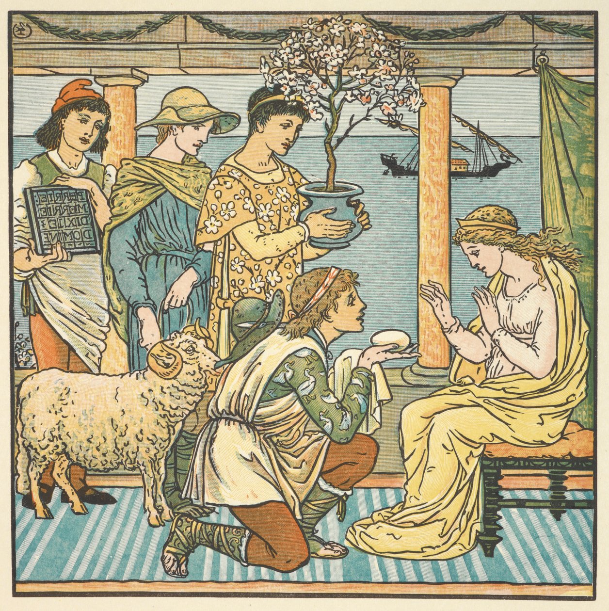 'Dört hediye' için renkli illüstrasyon. Dört erkek kardeş genç bir kadına hediyeler veriyor. by Walter Crane