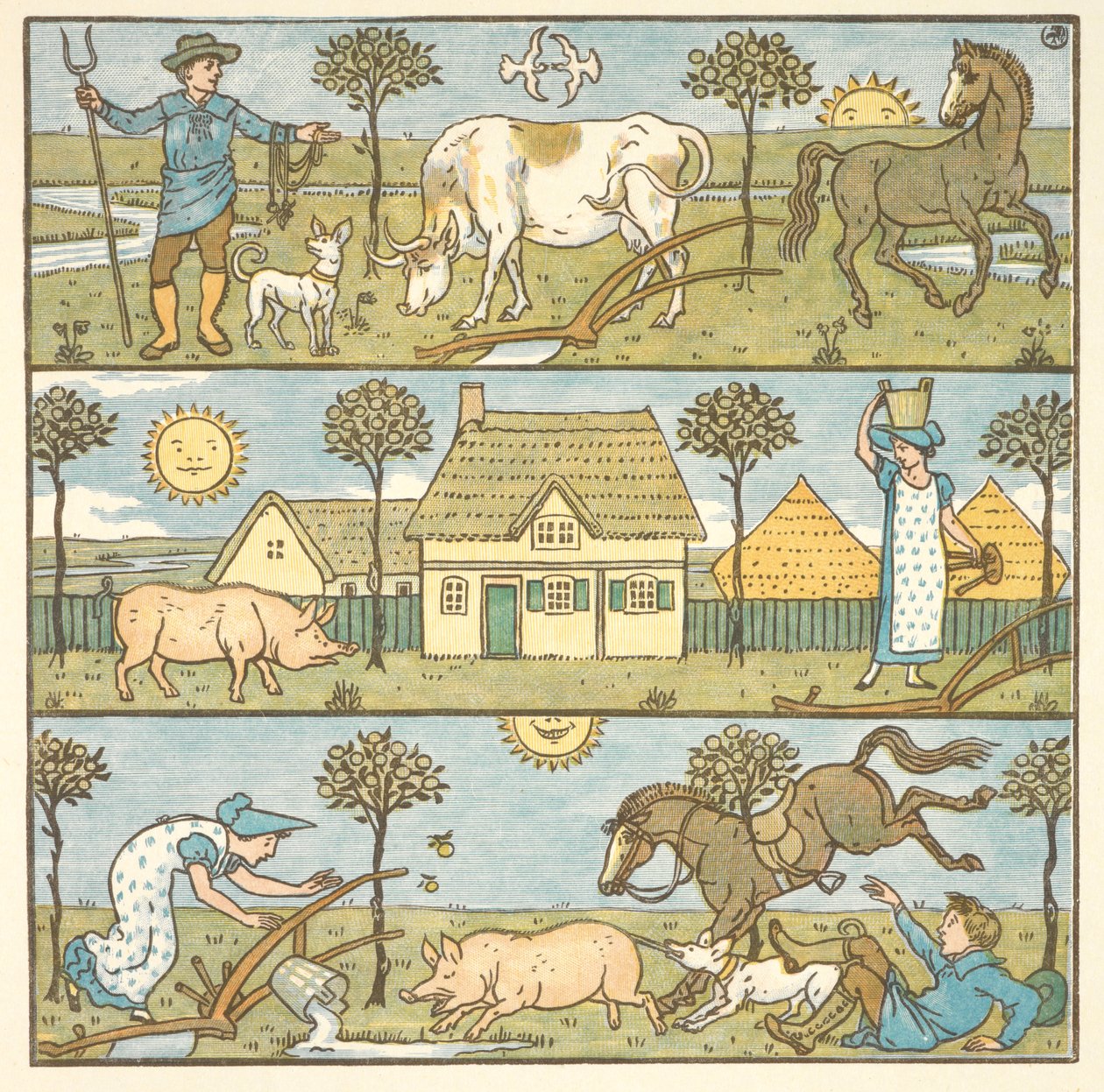 'Küçük felaket' için renkli illüstrasyon. Bir çiftçi, bir sütçü ve çeşitli çiftlik hayvanları. by Walter Crane
