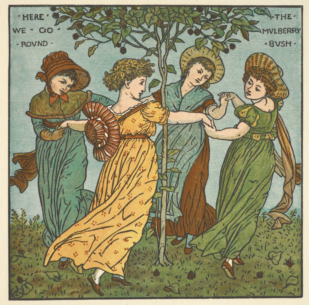 'Dut çalısı' için renkli illüstrasyon. Bir ağacın etrafında dans eden dört kadın. by Walter Crane