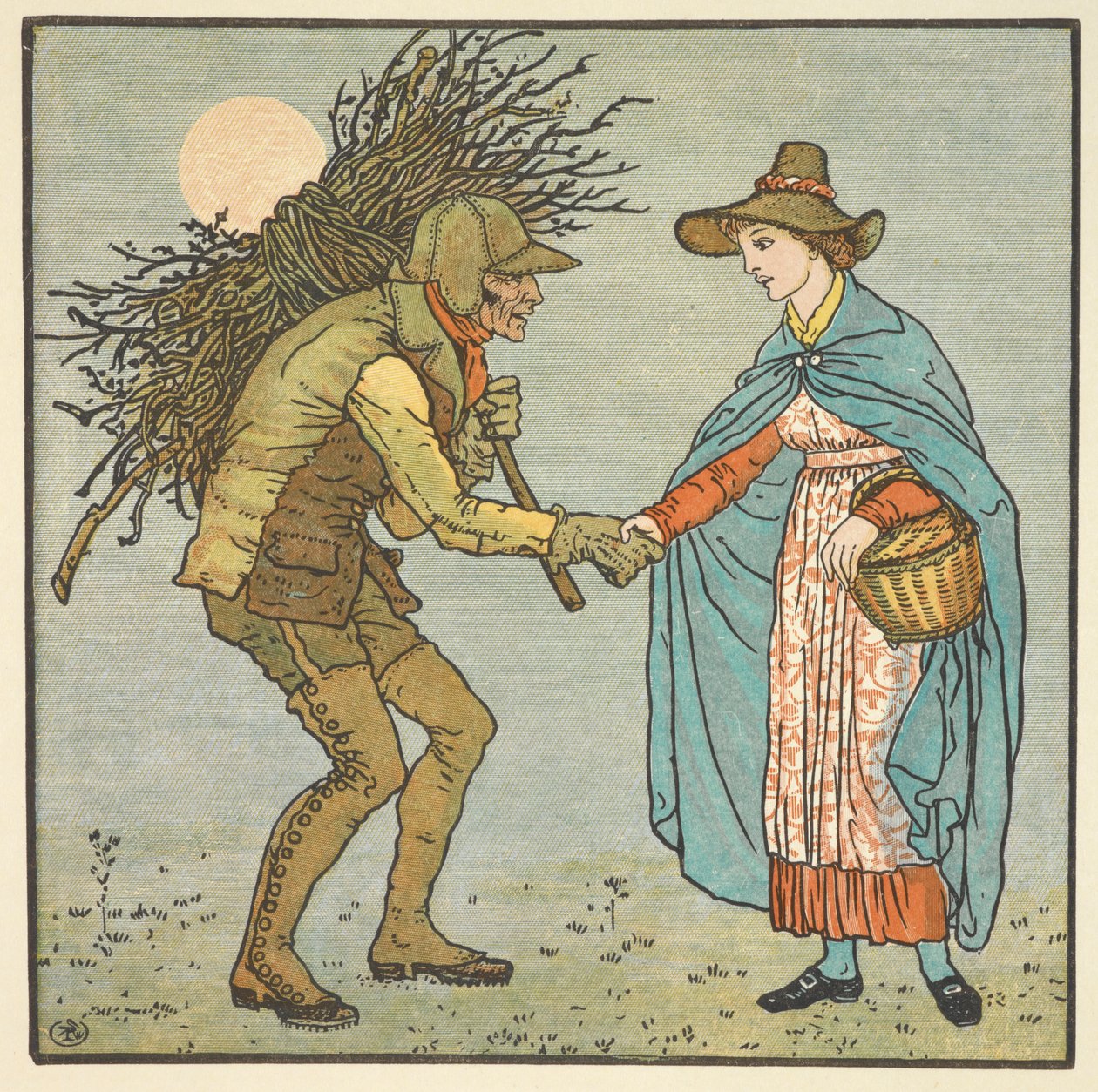 'Derideki yaşlı adam' için renkli illüstrasyon. Omzunda dal yığını olan bir adamla el sıkışan genç bir kadın. by Walter Crane