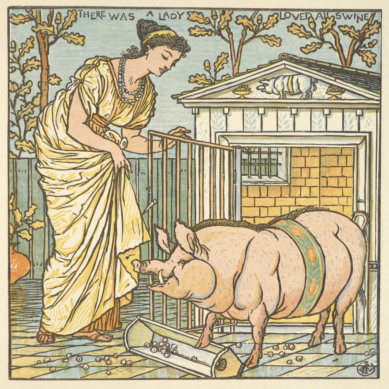 'Domuzu seven bir hanım vardı' için renkli illüstrasyon. Bir kadın ve bir domuz. by Walter Crane