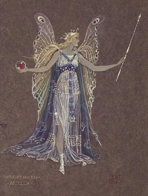 'Kardan Adam'dan Peri Prenses Ariella için kostüm tasarımı (kahverengi kağıt üzerine sulu boya) by Walter Crane