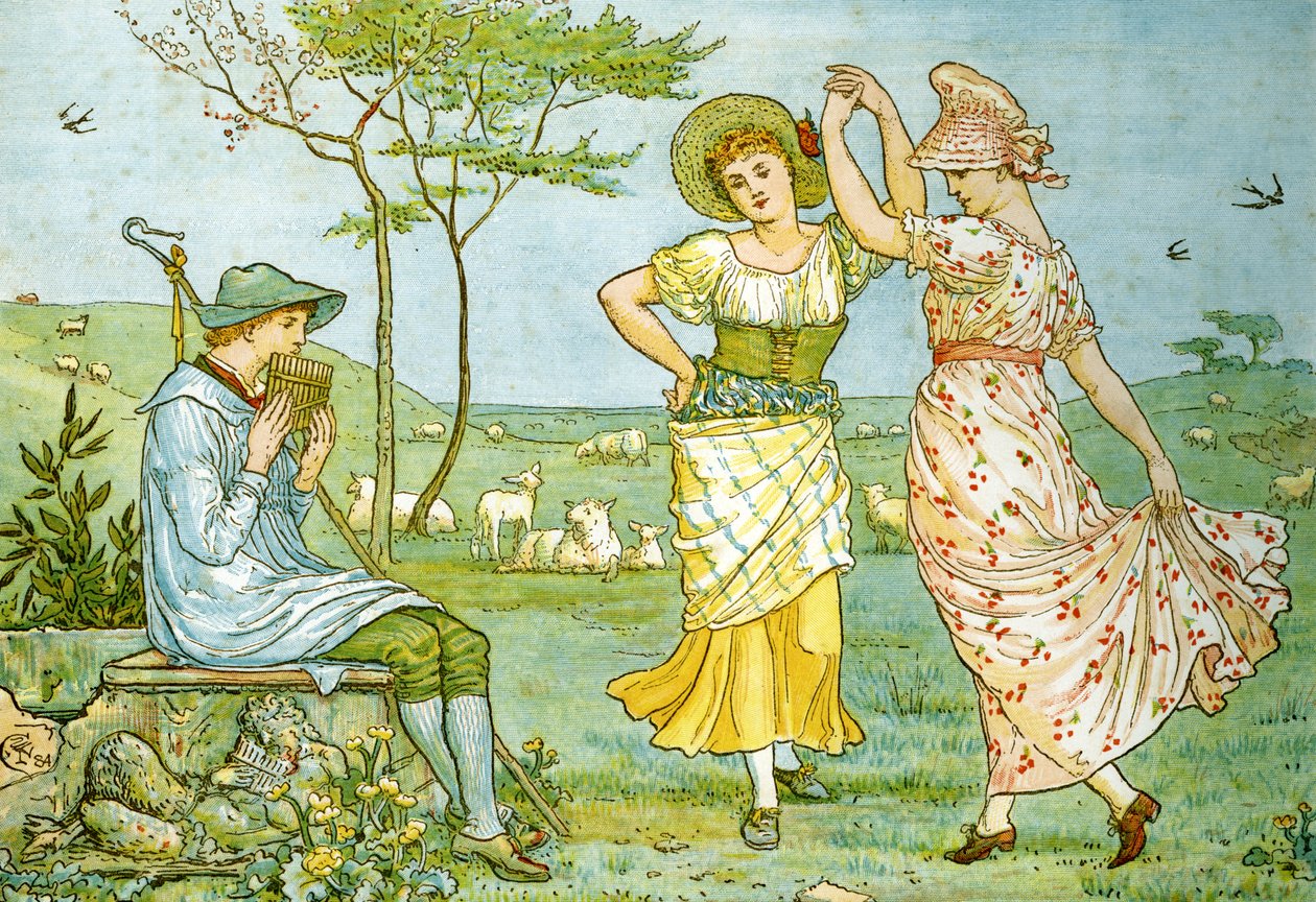 Theo'nun Eşliğinde Yeni Düzenlenmiş Eski Şarkılar Kitabı 'Pan-Pipes'ın ön yüz tasarımı. Marzials, Londra'da George Routledge und Sons tarafından yayınlandı, 1884 by Walter Crane