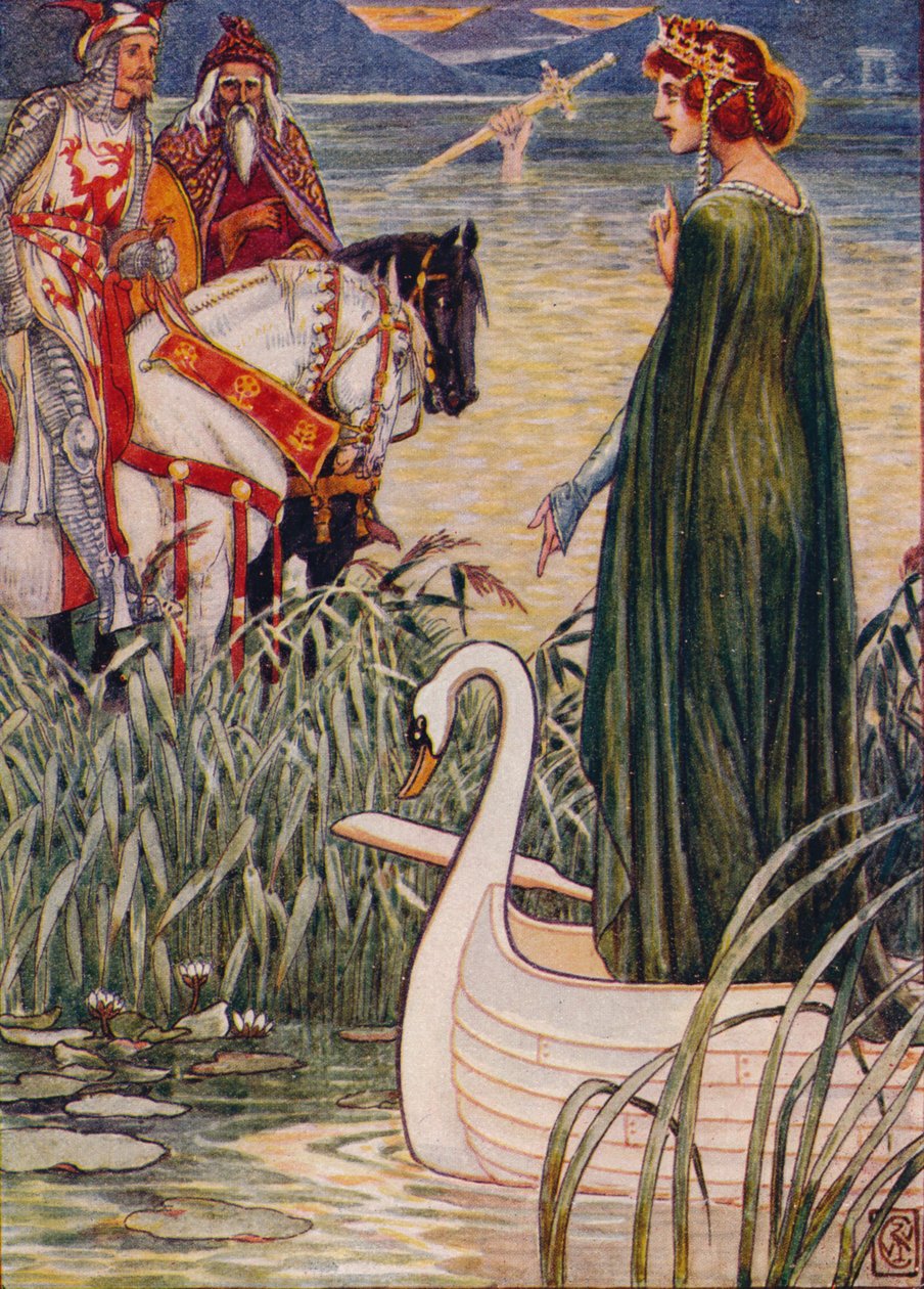 Kral Arthur, Gölün Leydisinden Excalibur, 1911 kılıcını ister. by Walter Crane