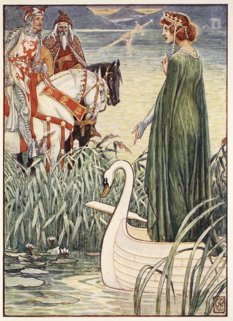 Kral Arthur, Henry Gilbert'in "Yuvarlak Masa Şövalyelerinin Hikayeleri"nden, ilk baskı, 1911'den, Gölün Hanımından Excalibur kılıcını ister. by Walter Crane