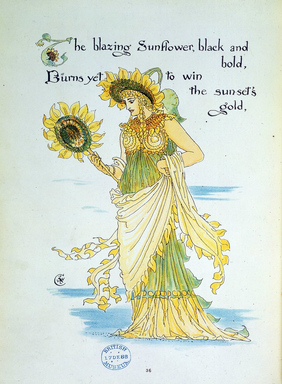 Ayçiçeği çiçeği (güneş), sarı ve yeşil giyinmiş genç bir kadında kişileşir. Walter Crane (1845-1912) tarafından yazılan ve resimlenen ""Flora's Feast""ten 36. Levha. 1889. İngiliz Kütüphane Kurumu Referansı: Shelfmark ID: 11651.I.21 by Walter Crane