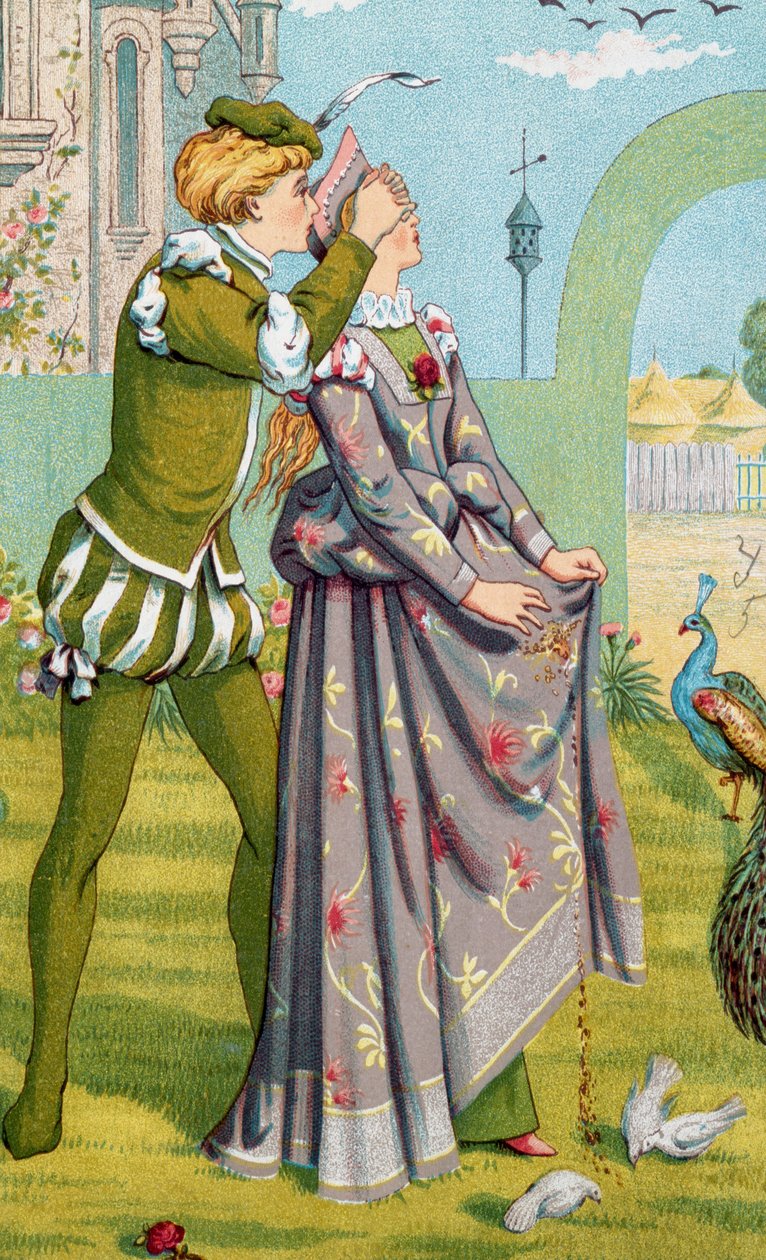 "Romantik Sürpriz" Genç bir oğlan, genç bir kızın gözlerini kapatır. Walter Crane (1845-1915) ve Kate Greenaway (1846-1901) tarafından çizilmiştir. by Walter Crane