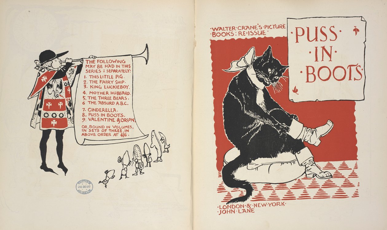 İçindekiler listesi ve 'Çizmeli Kedi' için Başlık sayfası. by Walter Crane