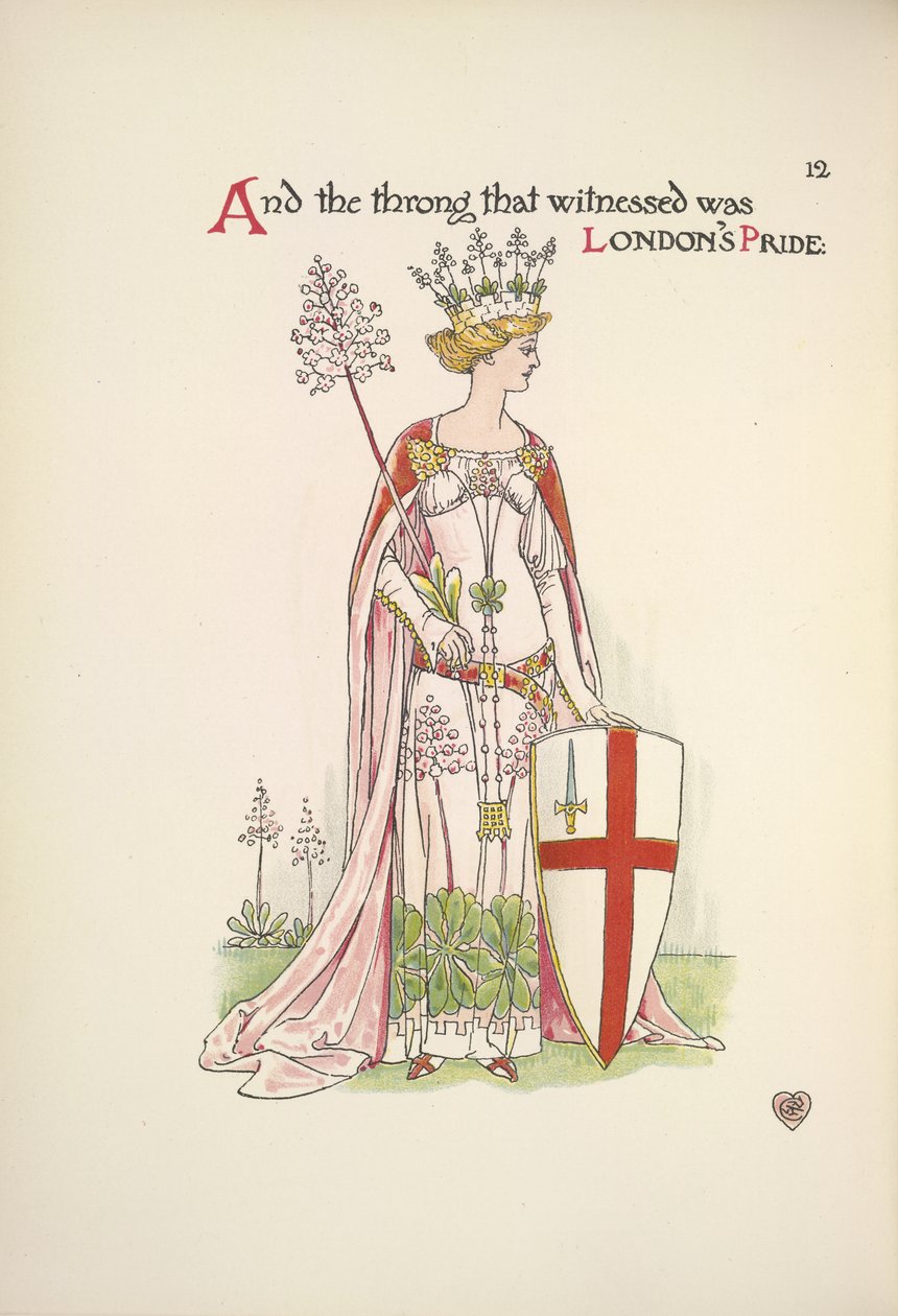 Londra'nın Gururu. Aziz George haçı olan bir kalkan tutan genç bir kadın by Walter Crane