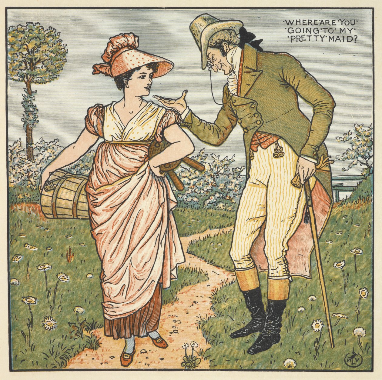 'Benim güzel hizmetçim'. Genç bir kadınla konuşan bir beyefendi. by Walter Crane