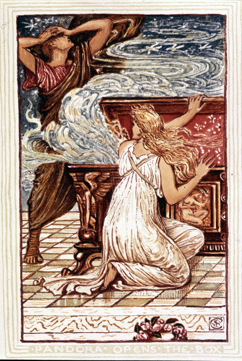 Pandora kutuyu açıyor. “Kızlar ve erkekler için harika kitap” için Walter Crane tarafından yapılan illüstrasyon, Londra 1893. by Walter Crane