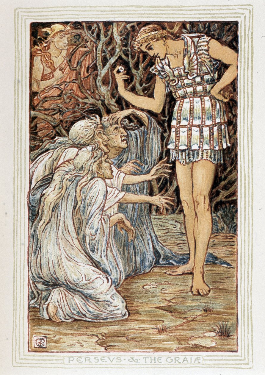 Persee ve Graia (Beotie, Yunanistan) - Üç yaşlı kadınla (cadı mı?) tanışır - Walter Crane (1845-1915) tarafından yazılan “Kızlar ve erkekler için harika bir kitap”ta by Walter Crane