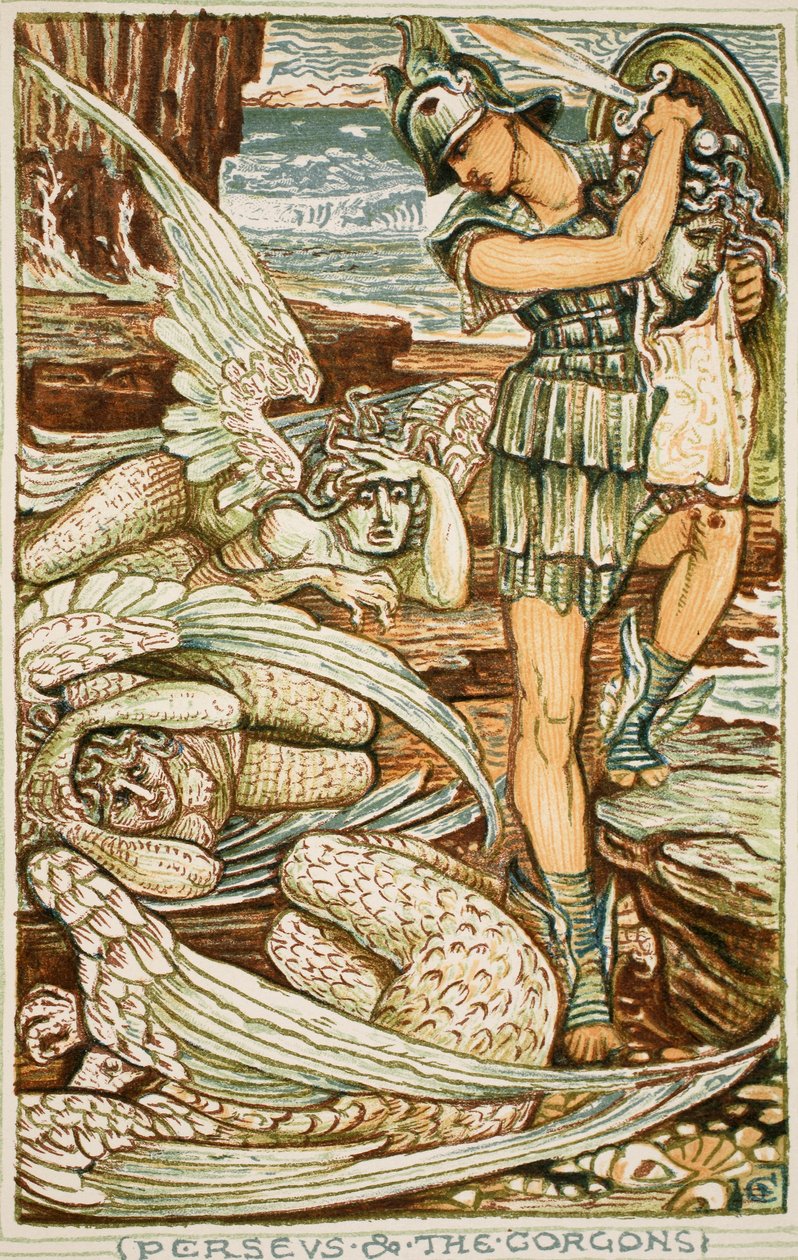 Perseus ve Gorgonlar, Nathanial Hawthorne'un 'A Wonder-Book for Girls and Boys' kitabından illüstrasyon by Walter Crane