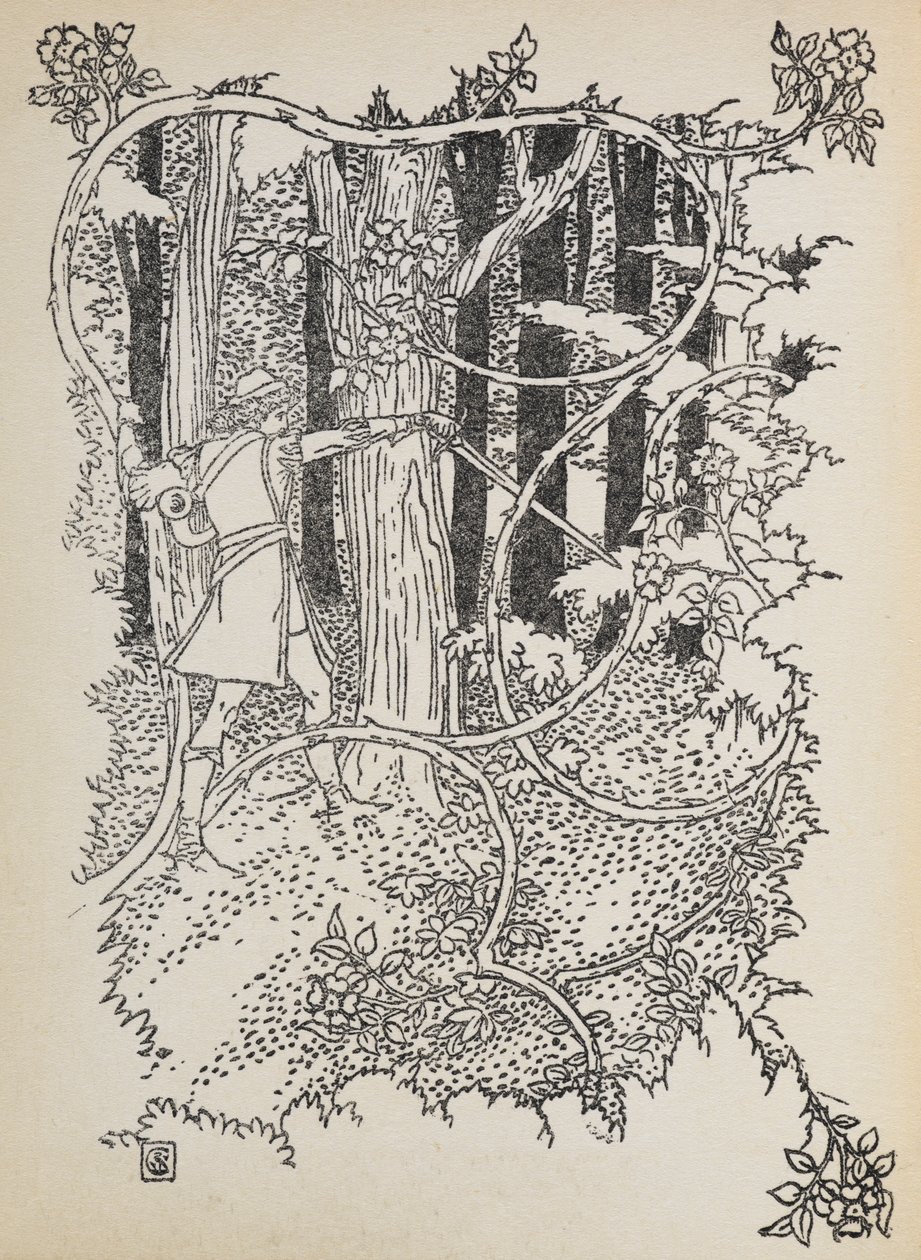 Yakışıklı Prens, büyümüş ormanın içinden geçerek Uyuyan Güzel'e doğru yol alır. by Walter Crane