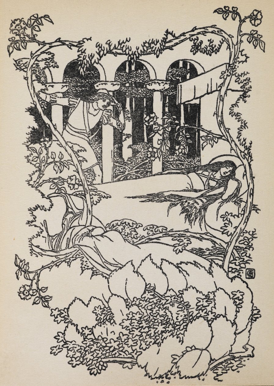 Beyaz Atlı Prens, Uyuyan Güzel'i dikenlerle kaplı bir binada uyurken bulur. by Walter Crane