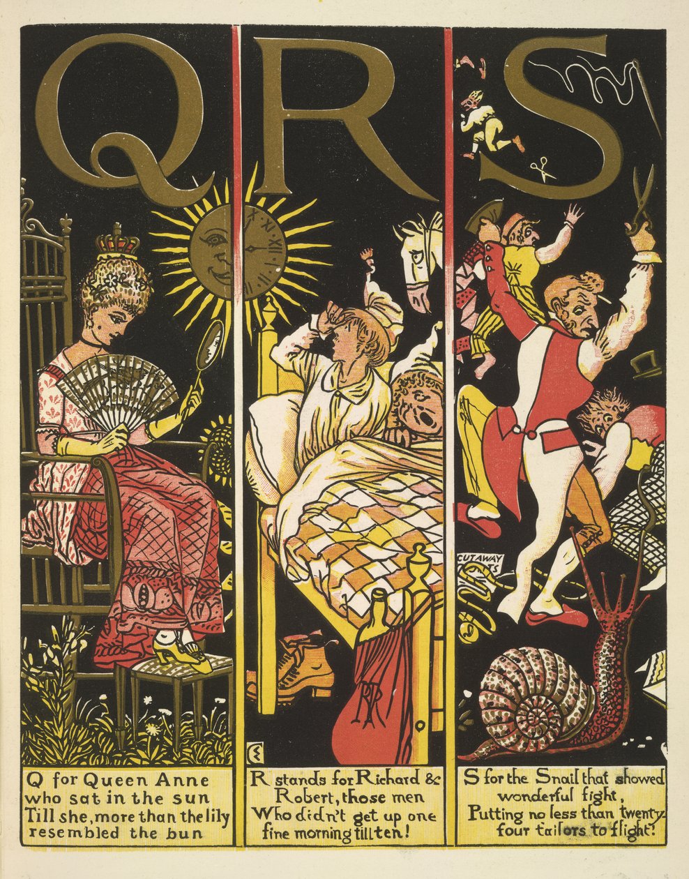 Queen Anne için QRS-Q; R, Richard ve Robert'ın kısaltmasıdır; ve salyangoz için S by Walter Crane