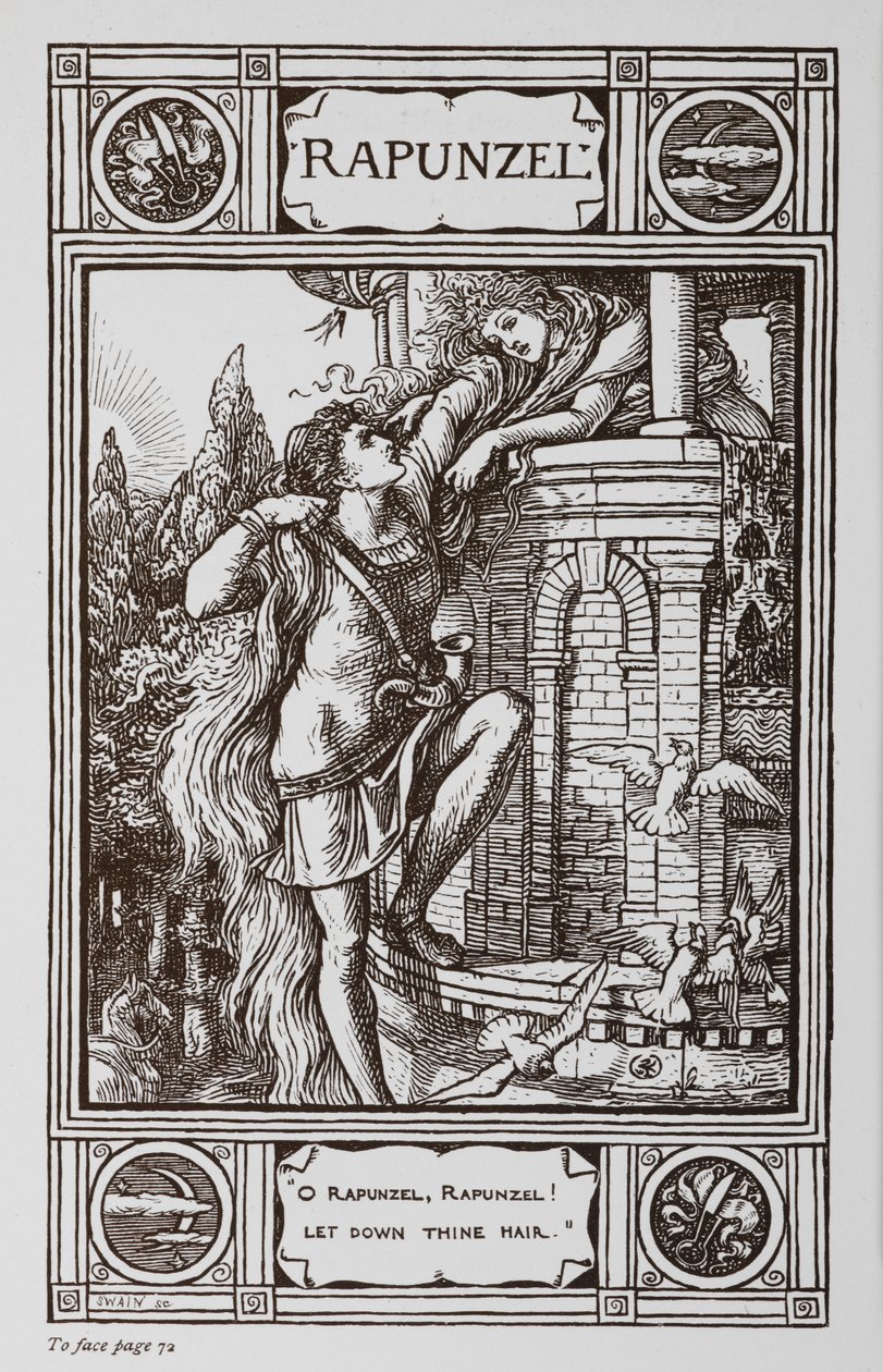 Bir prens saçlarına tırmanırken Rapunzel bir kulenin penceresinden dışarı doğru eğiliyor. by Walter Crane