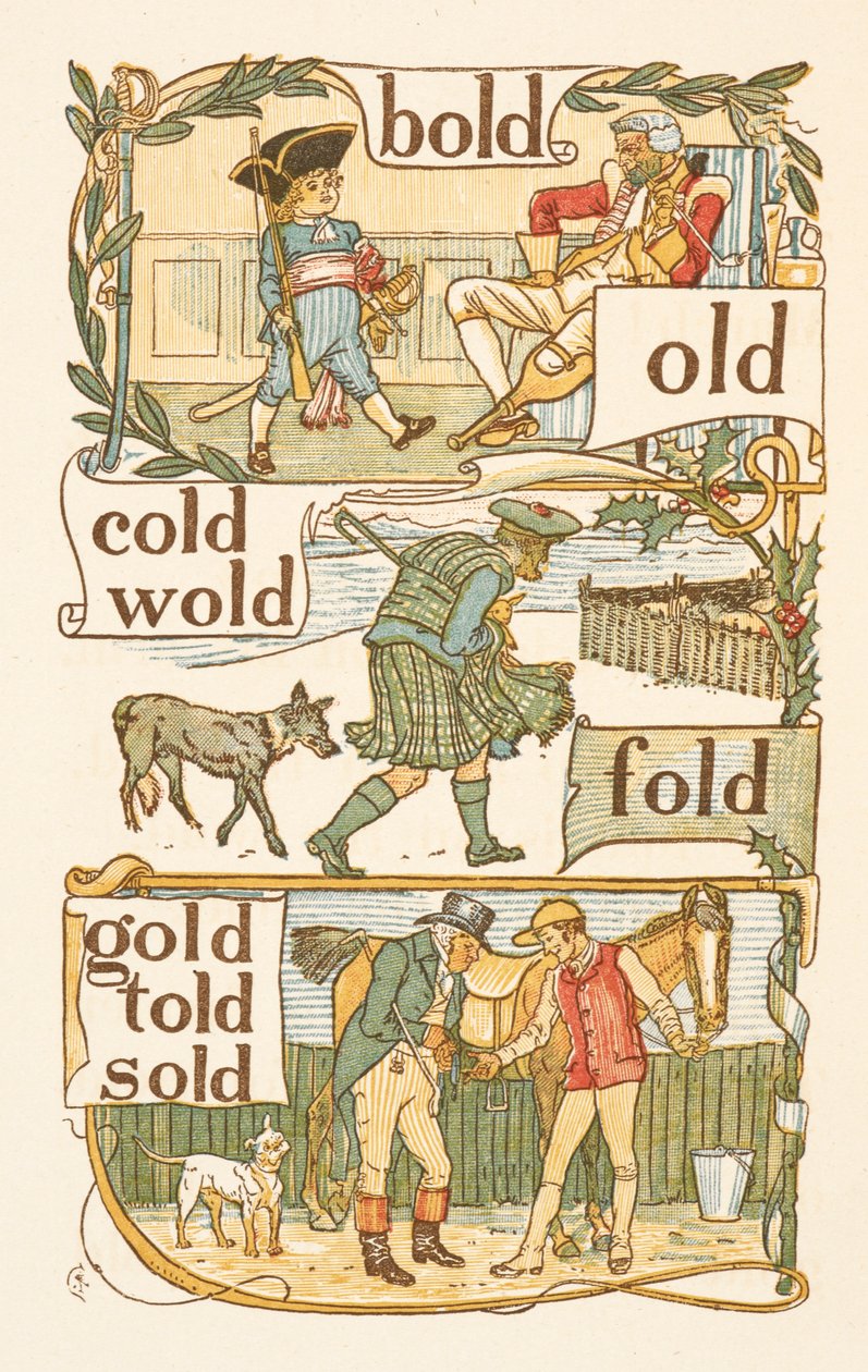 D harfi ile biten kafiyeli sözler. Asker kılığına girmiş bir çocuk. Bir İskoçyalı. Bir jokey. Altın astar. by Walter Crane