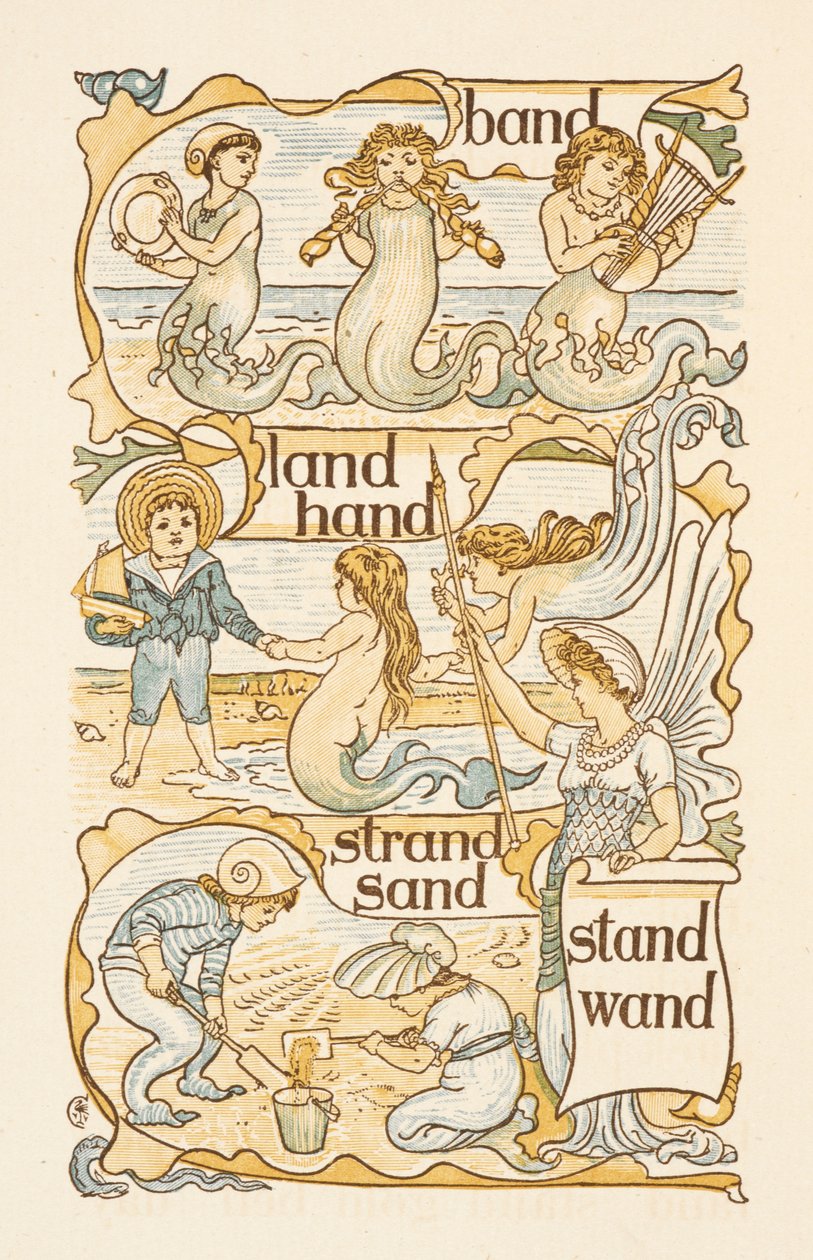 D harfi ile biten kafiyeli kelimeler. Deniz kızları. Kumsalda kumdan kaleler inşa eden çocuklar. Altın astar. by Walter Crane